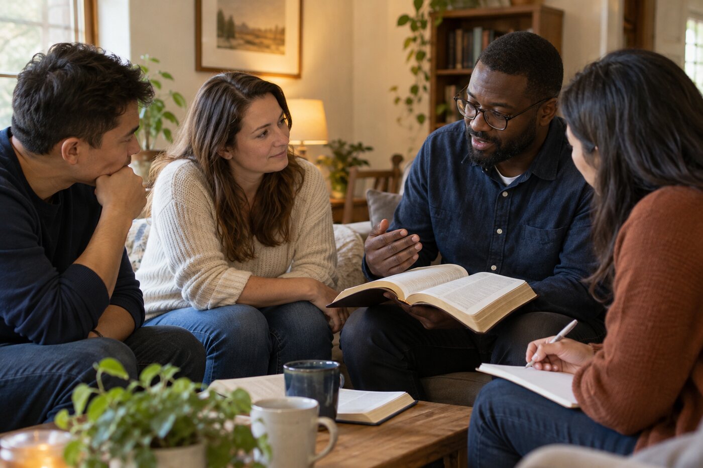 Illustrative scene of a small group studying the Bible together