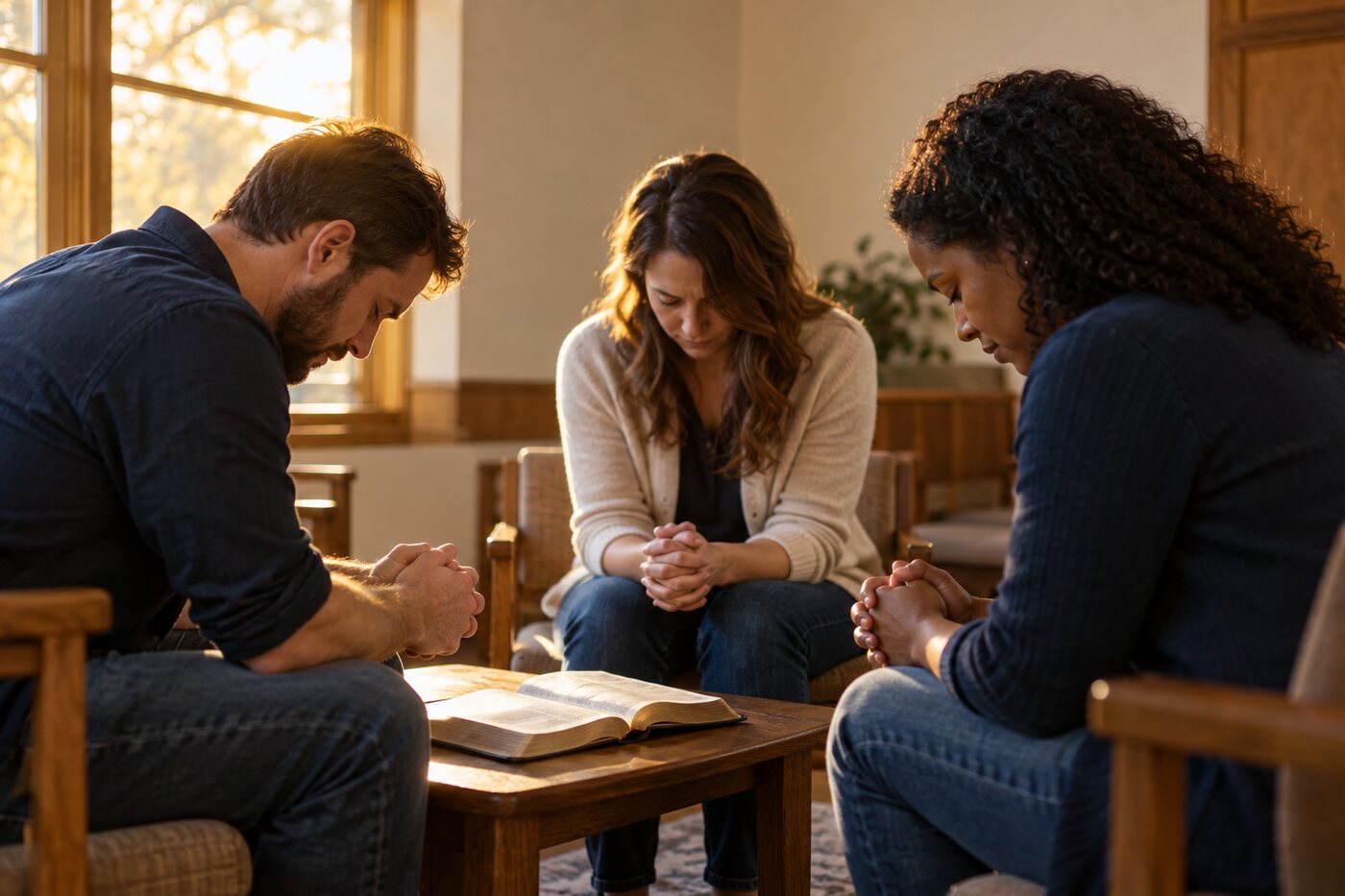 Illustrative scene of friends praying together around an open Bible